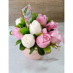   Rózsaszín fehér csokor rózsaszín kerámiában Tulipán illattal